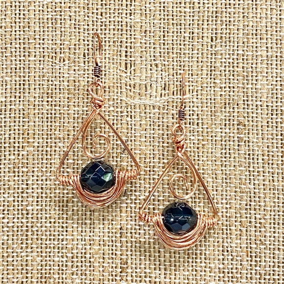 HANDMADE Vintage Faceted Glass Bead HandWrapped Pure Bare Copper Modern Earrings - Picture 10 of 10